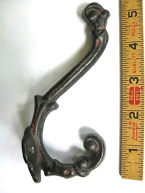 Large 5" Antique-Style Black Ornate Cast Iron Double Hook Coat Hat Bath Towel