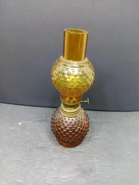 ❤️ Vintage Mini Hobnail Amber Depression Glass Oil Lamp W/ Chimney Globe 8"