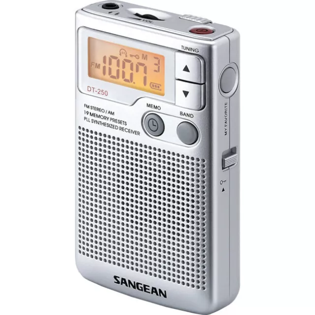 DT-250 FM Stereo AM Pocket Radio 19 Random Station Pre-sets Clock and LCD Back