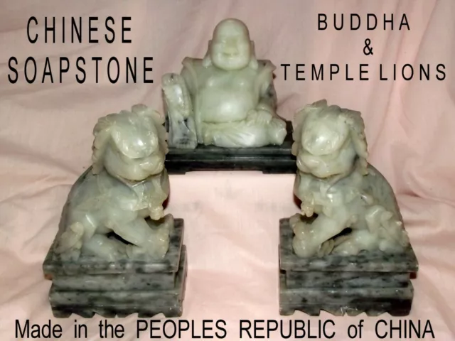 VINTAGE SOAPSTONE 3 piece Set ORIENTAL CHINESE BUDDHA & Temple Lions FOO FU DOGS