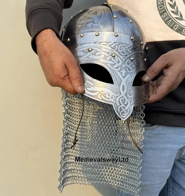 Casque Viking Gjermundbu Avec Cagoule Maille - Taille Adulte - Acier Fer - Parfait Pour Halloween Ou Cosplay Médiéval