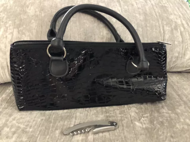 Insulated Wine Carrier Clutch Thermal Bag Black Croc Zipper Purse And Corkscrew