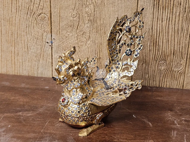 Vtg Thai or Southeast Asian Burmese Handmade Bird Box Tin Gold Lacquered Wood
