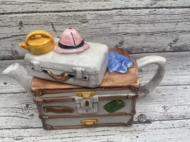 Vintage Decorative Tea Pot Ceramic Dresser With Luggage & Pink Hat Hand painted