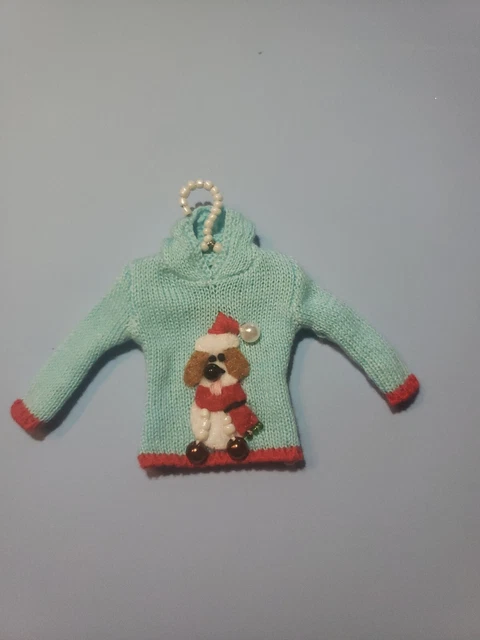 MICHAEL SIMON miniature Christmas Sweater Ornament /light blue puppy dog beads