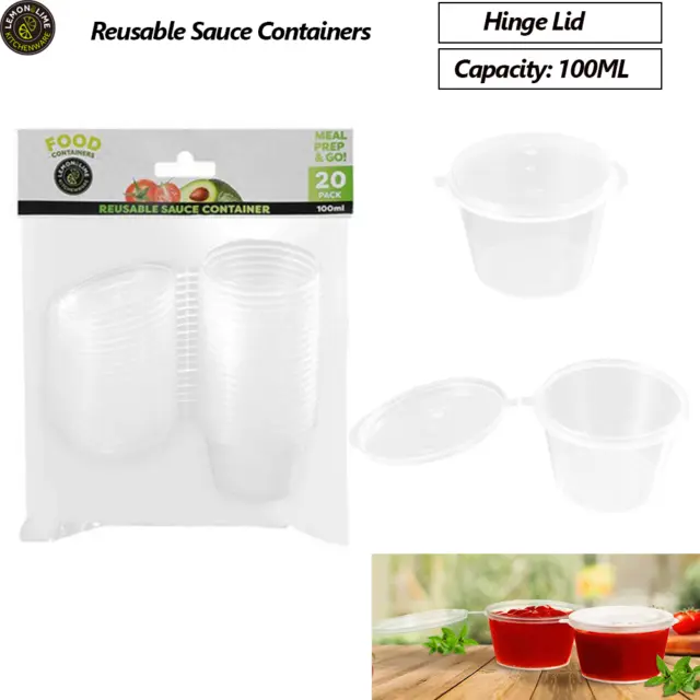 Disposable Plastic Sauce Container Hinged Lid Reusable Small Pot Cup 100ML Bulk