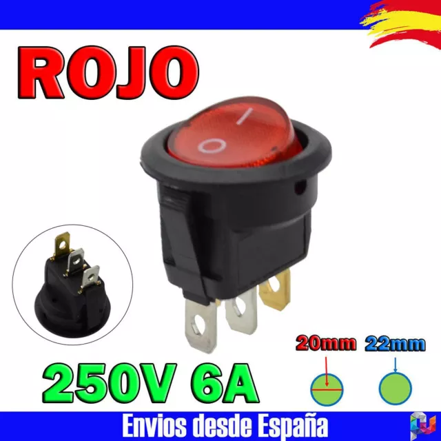 Interruptor LED redondo 22-23mm Rocker Switch 6a/250v AC con luz - ROJO -