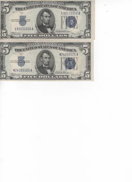 1934 C $5 (Lot Of 2) Blue Seal Silver Certificates ( Very Nice)