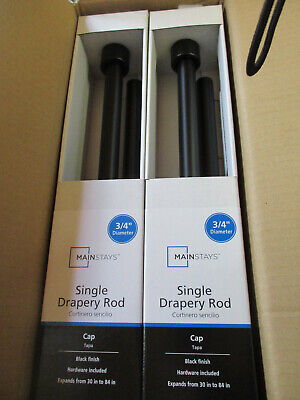 LOT OF 2 NEW Mainstays 3/4" Capped Single Adjustable Curtain Rods 30-84"BLACK uf