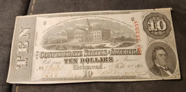 1864 $10 Ten Confederate States of America April 6 Richmond Civil War Era Note