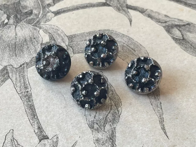4 Boutons Anciens en verre Noir Décor Irisé La Mode - French Button collection