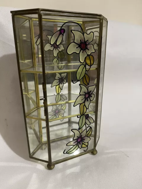 Brass & Glass Mini Curio Cabinet Jewelry Trinket 3 Panel Display Vintage Painted