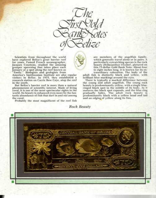 22kt Gold $75 Belize 1981 Banknote- ROCK BEAUTY - RARE UNC-Stain corner display