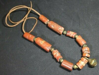 Vintage Hand Cut Bauxite African Trade Bead Necklace with Brass Bell & Beads