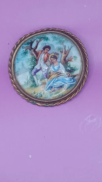 Broche Vintage Ancienne Porcelaine De Limoges France - Cuivre, Thème Féminin, Occasion