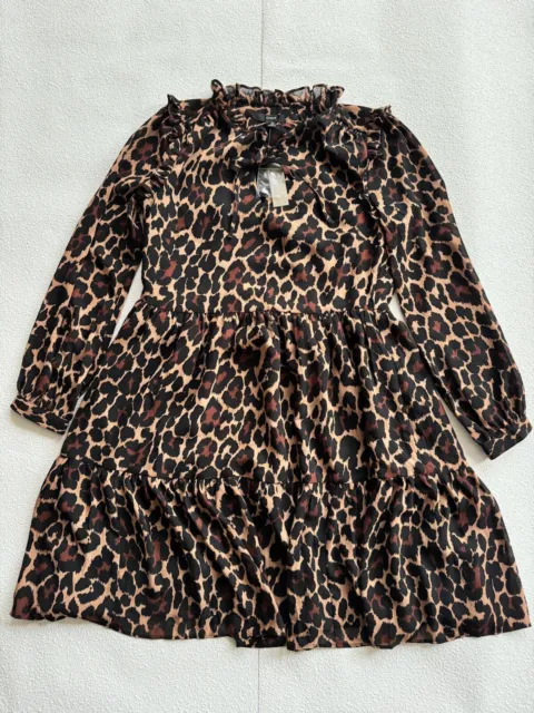 JCrew Tie-neck Tiered Dress Leopard Crinkle Chiffon Brown Black Sz XXS 22