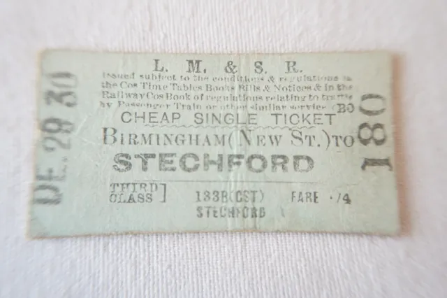 1930 Birmingham to Stechford LMS Railway Train Ticket