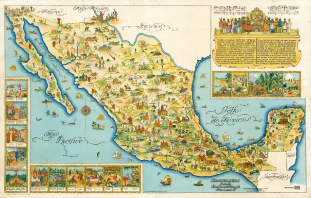 Early Pictorial Mexico Map Poster Wall Art Decor Old History Repro Print Home