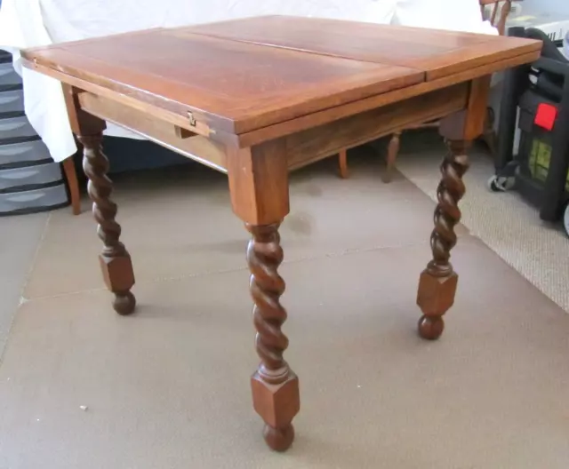Antique English Oak Barley Twist Pub Table, Plank Top, Fold Over Leaves, Sturdy