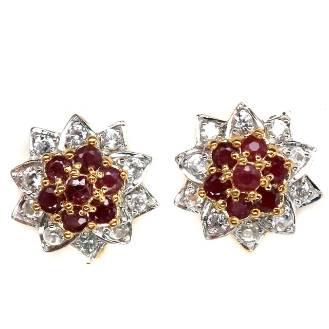 Rot Rubin & Weiß Kambodscha Zirkonia Ohrringe 925 Sterlingsilber