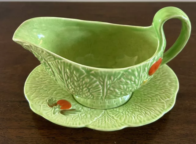 Crown Devon 1950s Green With Fruit Gravy Sauce Boat With Underplate 654