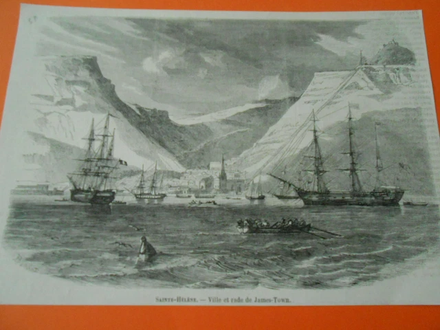 Gravure 1858 - Saint Hélène ville et rade de James Town