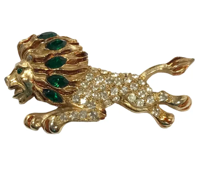 Lion Brooch Pin Gold Tone Emerald Green Clear Rhinestones Bold Statement Figural
