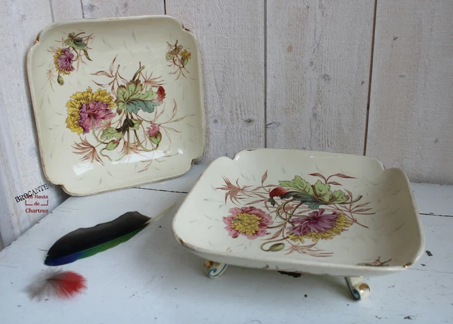 Lot de 2 coupes carrées sur pieds en faïence Georges Dreyfus décoration florale