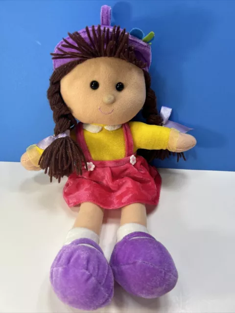 Goffa International Plush Stuffed Doll Brown Yarn Hair Pink Dress 13” RARE