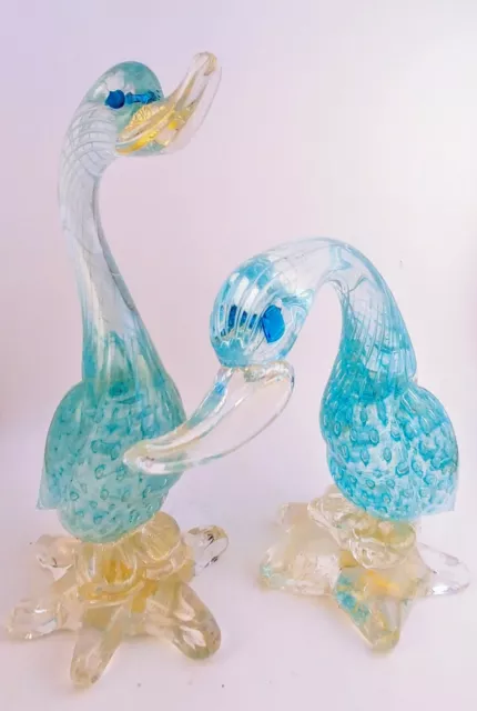 Pair of Murano Turquoise Aqua Bullicante Glass Birds Geese with Gold Flecks