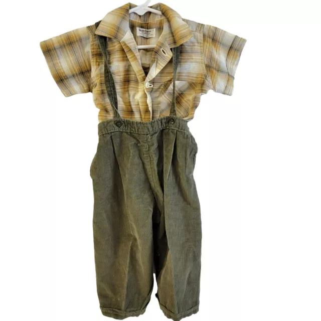 Vintage 50s Corduroy Overalls Set Child Boy 3 Plaid Button Shirt Pants Fall 3T