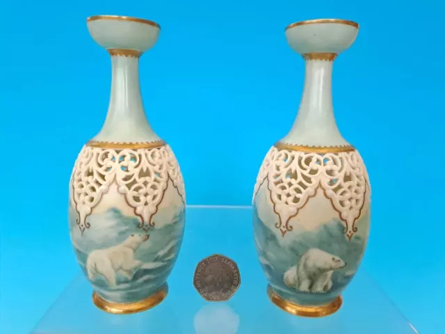 Very Rare Pair Of Grainger Royal Worcester Reticulated Vases With Polar Bears
