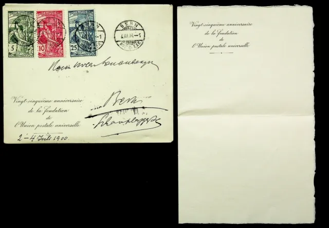 SEPHIL SWITZERLAND 1900 3v 25TH ANN UPU ON COVER FROM & TO BERN W/ LETTER SHEET