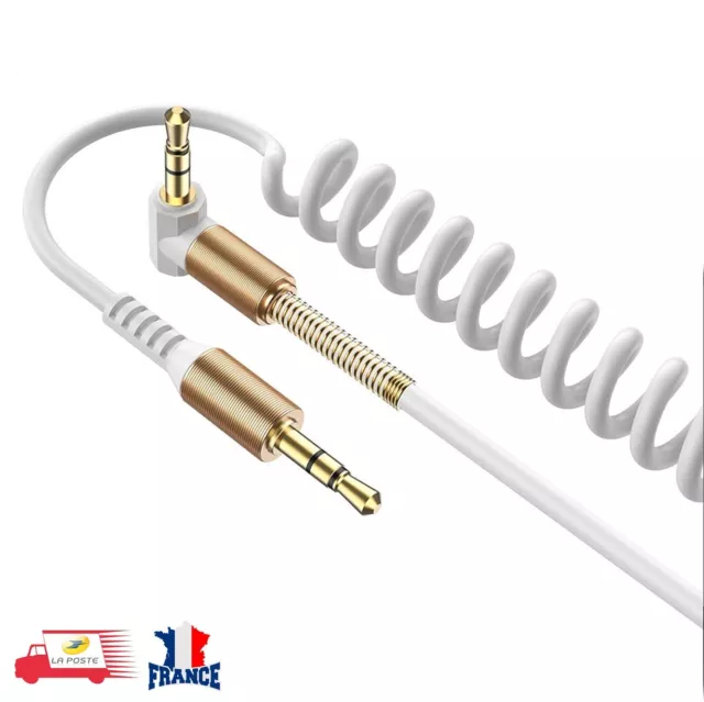 Câble audio Auxiliaire Jack 3.5mm Cordon Enroulé Mâle/Mâle spirale AUX Blanc