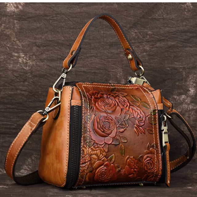 Echtes Leder Blumen bestickt Vintage Handtasche Damen Tote Umhängetasche