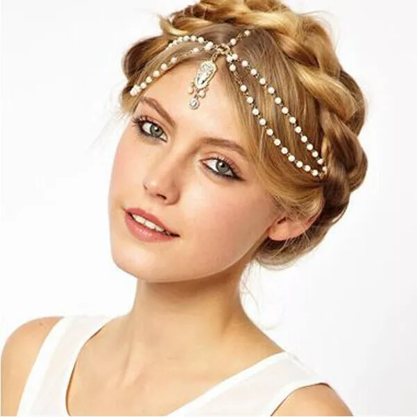 UK Gold Pearl Chain White Bead Crown Tikka Head Hair Cuff Headband Headpiece