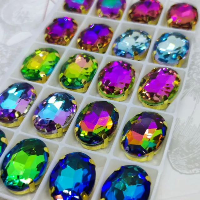 20 Oval Gems Sew On Gold claw Rhinestone Rainbow Mix AB Glass Crystal Beads 18mm