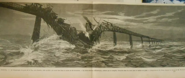 Gravure 1880 - Ecosse La Catastrophe du pont de la Tay près Dundee
