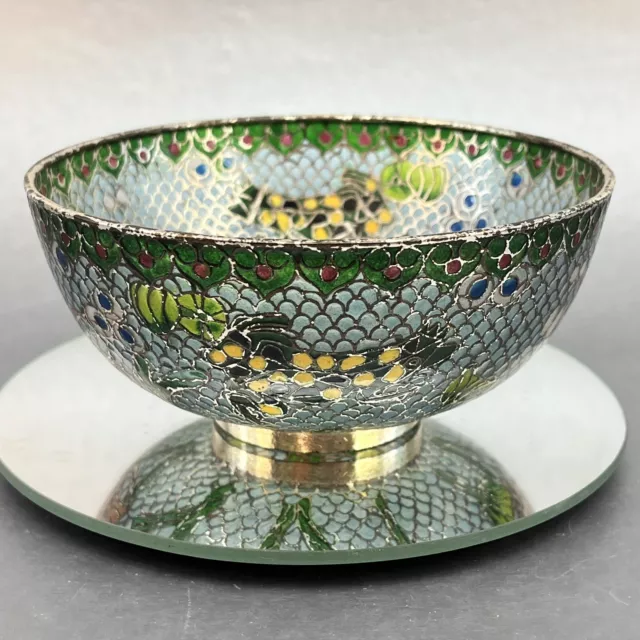 Cloisonne Chinese Fish Enamel Plique A Jour 5” Footed Bowl Lattice China