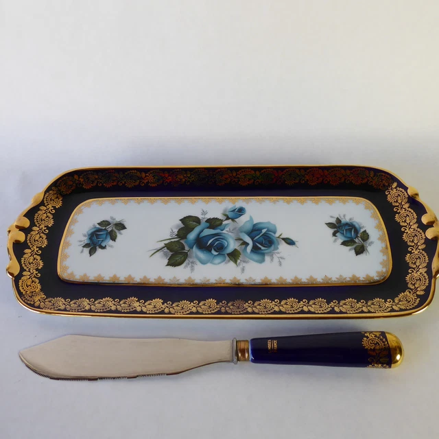 Limoges: maravilosa bandeja pastelera con su cuchillo también en porcelana