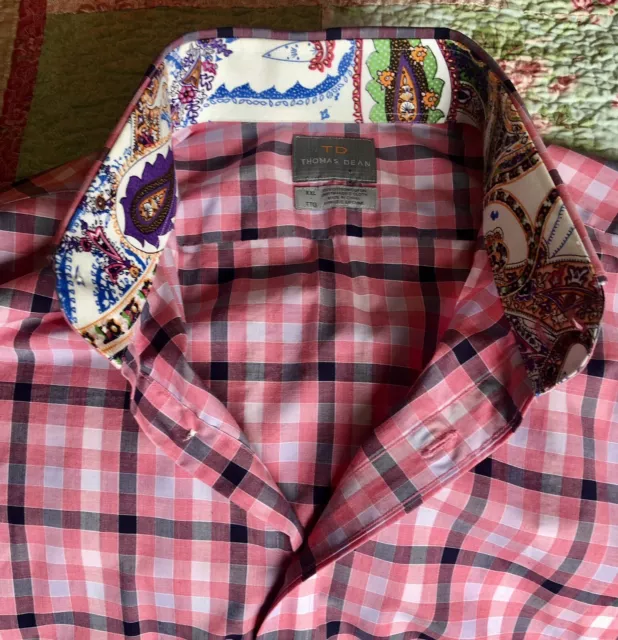 Thomas Dean TD Shirt Long Sleeved  XXL Pink Plaid Contrast Collar Cuffs Like New