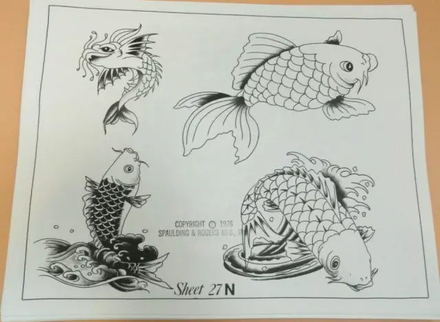 Hoja flash de tatuaje vintage 1976 RARA Spaulding & Rogers #27N pescado koi
