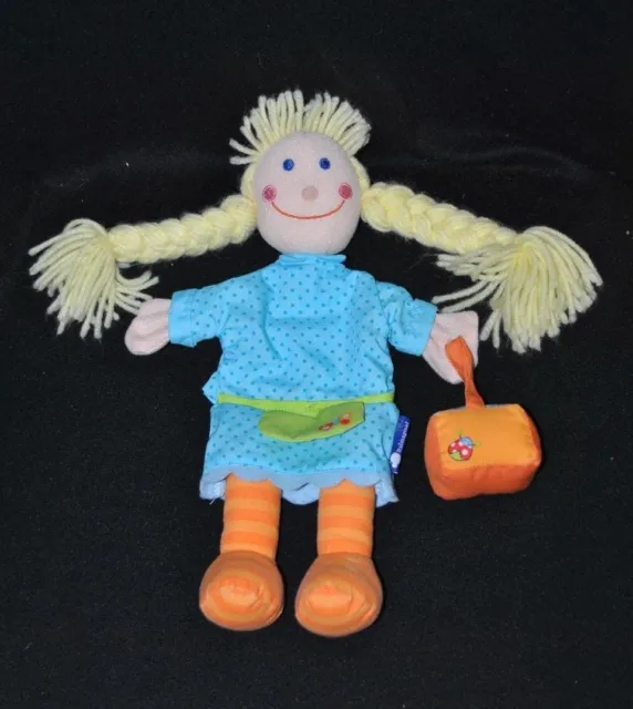 Peluche doudou poupée marionnette ITSLMAGICAL bleu vert sac orange 30 Cm NEUF
