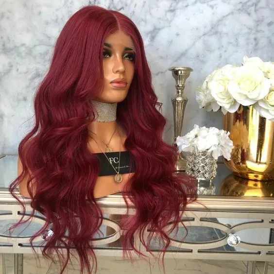 Girl Long Wavy Wine Red Lace Front Wigs Synthetic Full Wig Cosplay Wig Heat Safe