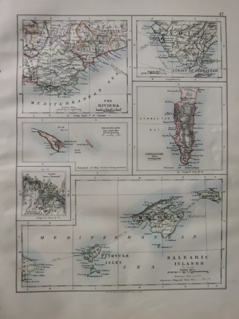 1900 Victorian Map ~ Riviera Gibraltar Balearic Islands Andorra Cadiz