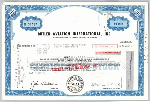 1974 Butler Aviation International 100 Shares Stock Certificate Merrill Lynch