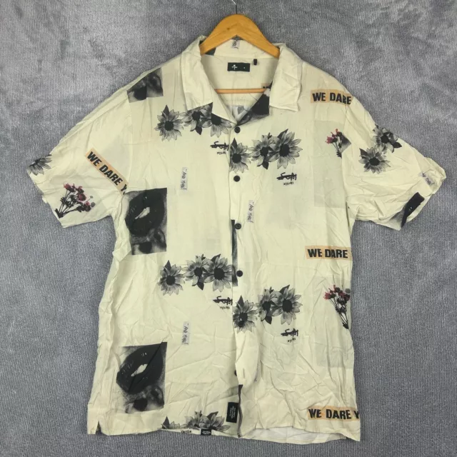 Thrills Shirt Mens Medium Beige Sunflower Print Rayon Short Sleeve Button Up