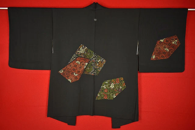 Vintage Japanese Kimono Silk Antique BORO Black HAORI Kusakizome Dyed/B410/580