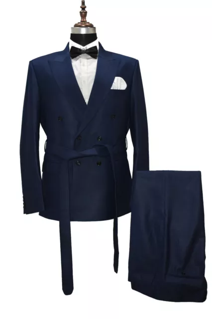 Uomo Blu Abiti Firmato Matrimonio Elegante Casual Cena Abiti (Giacca + Pantaloni