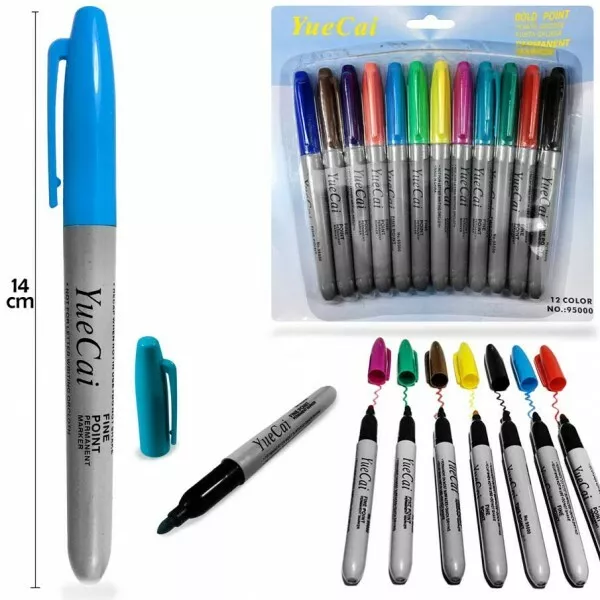 12 Pack Of Permanent Marker Pens Multi Assorted Colours Point Tip New UK